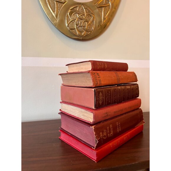 Vintage Decor Stack of 6 Dark Red Hard Covered Vtg Books Wedding Movie Prop Stag - Picture 3 of 3